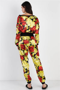 Black & Satin Effect Red & Lime Floral Print V-neck Top & Pants Set - Everydayswear