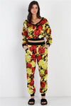 Black & Satin Effect Red & Lime Floral Print V-neck Top & Pants Set - Everydayswear