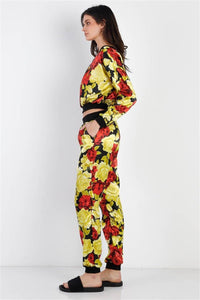 Black & Satin Effect Red & Lime Floral Print V-neck Top & Pants Set - Everydayswear