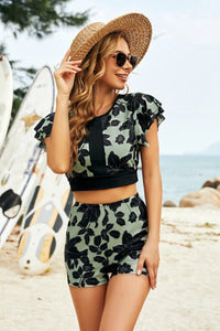 Botanical Print Flutter Sleeve Two-Piece Swim Set - Everydayswear