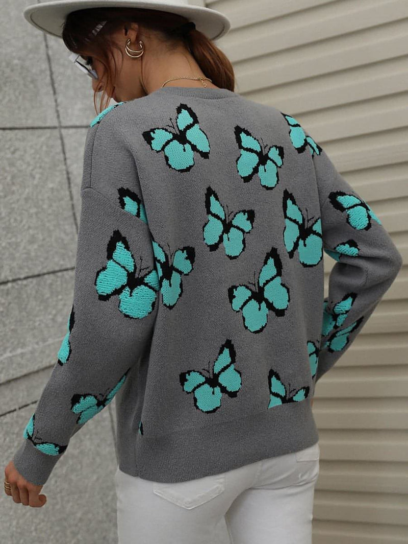 Butterfly Dropped Shoulder Crewneck Sweater - Everydayswear