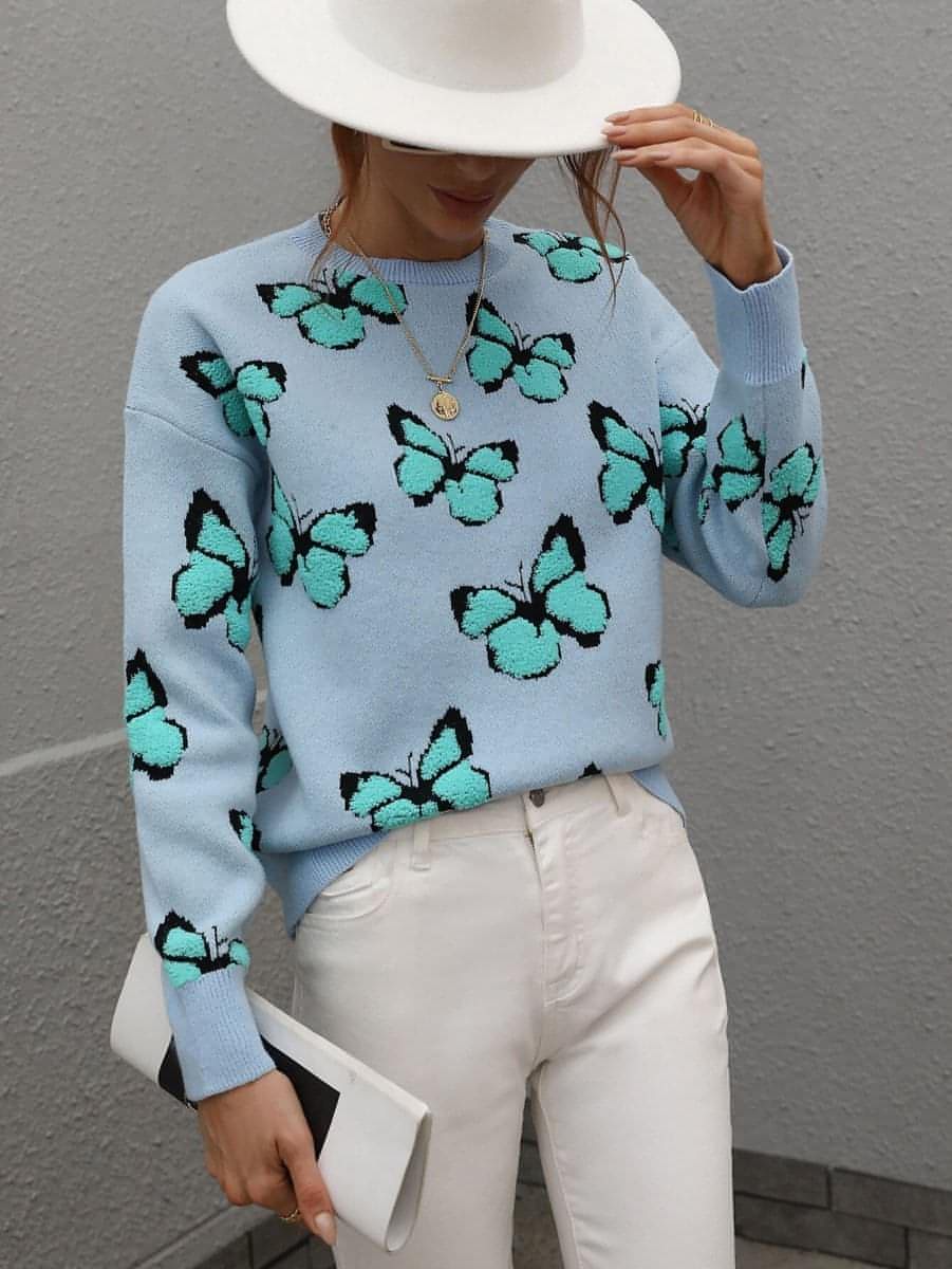 Butterfly Dropped Shoulder Crewneck Sweater - Everydayswear