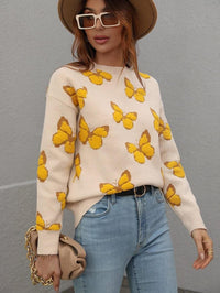 Butterfly Dropped Shoulder Crewneck Sweater - Everydayswear