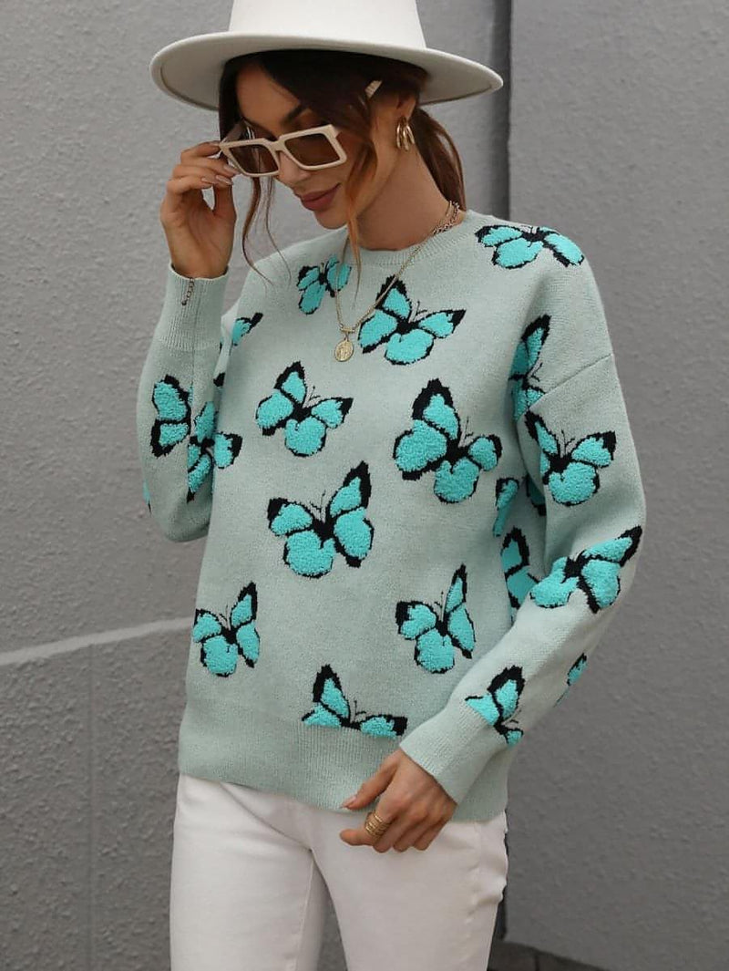 Butterfly Dropped Shoulder Crewneck Sweater - Everydayswear