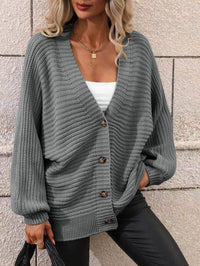 Button Down Horizontal-Ribbing Longline Cardigan - Everydayswear