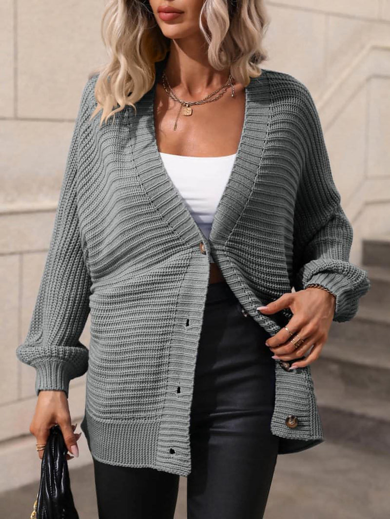 Button Down Horizontal-Ribbing Longline Cardigan - Everydayswear