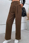 Button-Fly Pleated Waist Wide Leg Pants with Pockets - Everydayswear