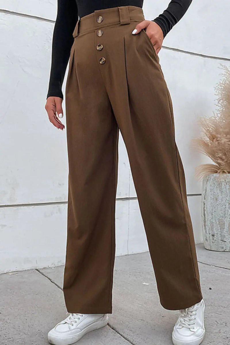 Button-Fly Pleated Waist Wide Leg Pants with Pockets - Everydayswear