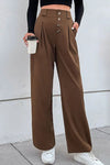 Button-Fly Pleated Waist Wide Leg Pants with Pockets - Everydayswear