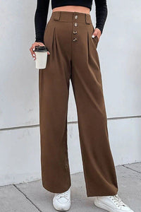 Button-Fly Pleated Waist Wide Leg Pants with Pockets - Everydayswear