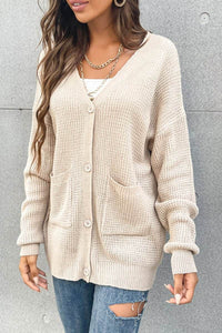 Button Front Drop Shoulder Waffle Cardigan - Everydayswear