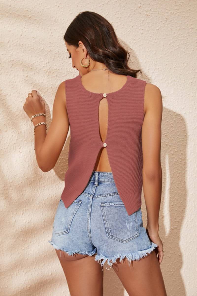 Buttoned Cutout Ribbed Trim Knit Tank - Everydayswear