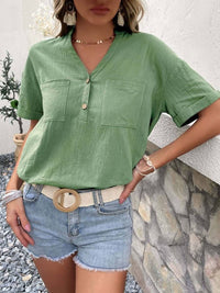 Buttoned Notched Neck Cuffed Sleeve Blouse - Everydayswear