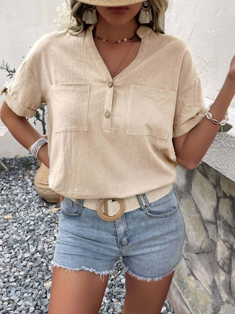 Buttoned Notched Neck Cuffed Sleeve Blouse - Everydayswear