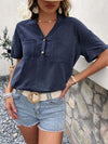 Buttoned Notched Neck Cuffed Sleeve Blouse - Everydayswear