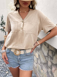 Buttoned Notched Neck Cuffed Sleeve Blouse - Everydayswear