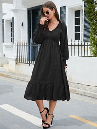 Swiss Dot V-Neck Smocked Lantern Sleeve Ruffle Hem Dress