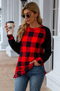 Plaid Round Neck Long Sleeve T-Shirt