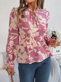 Printed Tie Neck Flounce Sleeve Blouse