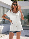 Decorative Button Round Neck Cold Shoulder T-Shirt