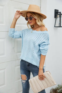 Scalloped Boat Neck Openwork Tunic Sweater