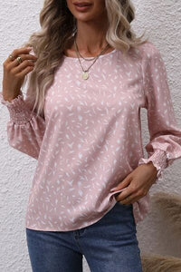 Printed Round Neck Lantern Sleeve Blouse