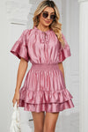 Smocked Tie Neck Flounce Sleeve Dress