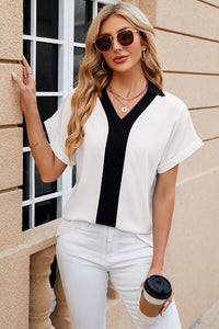 Contrast Johnny Collar Short Sleeve Blouse