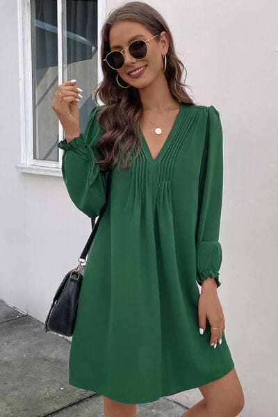 Ruched V-Neck Flounce Sleeve Dress