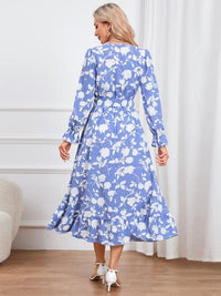 Floral Surplice Flounce Sleeve Ruffle Hem Dress