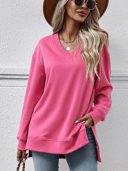 V-Neck Slit Long Sleeve Sweatshirt