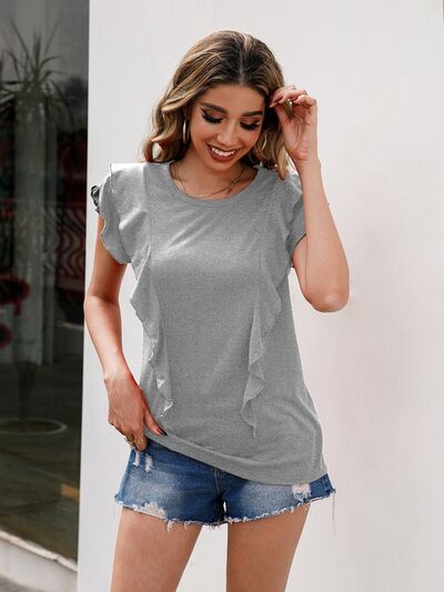 Ruffled Round Neck Cap Sleeve T-Shirt