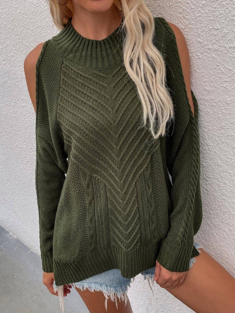 Cable-Knit Cold Shoulder Sweater - Everydayswear