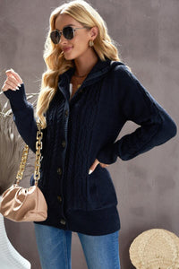 Cable-Knit Fleece Lining Button-Up Hooded Cardigan - Everydayswear