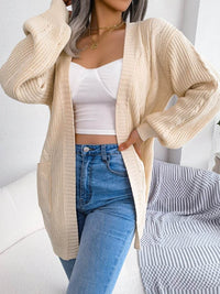 Cable-Knit Open Front Pocketed Cardigan - Everydayswear