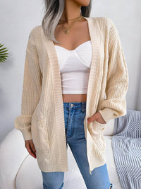 Cable-Knit Open Front Pocketed Cardigan - Everydayswear