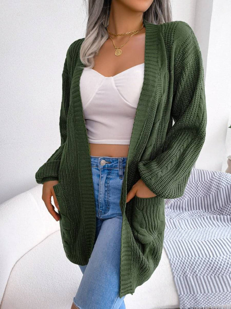 Cable-Knit Open Front Pocketed Cardigan - Everydayswear