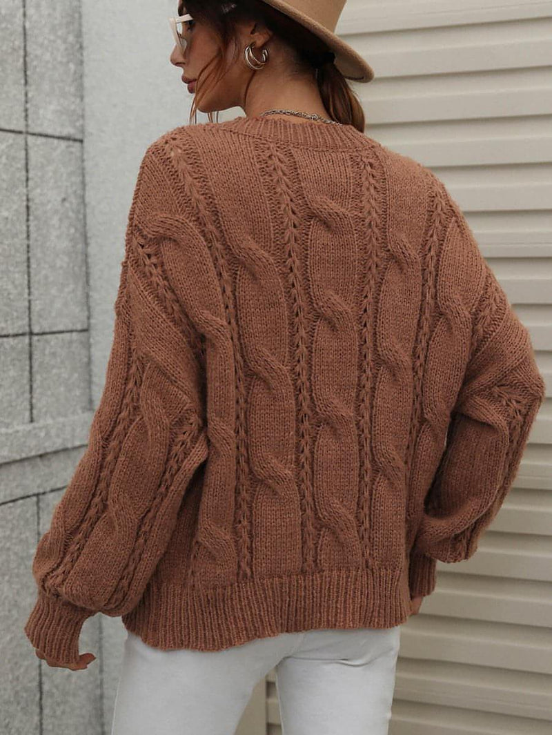 Cable-Knit Openwork Round Neck Sweater - Everydayswear