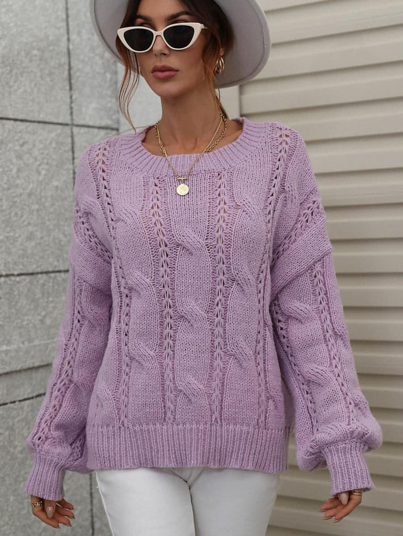 Cable-Knit Openwork Round Neck Sweater - Everydayswear