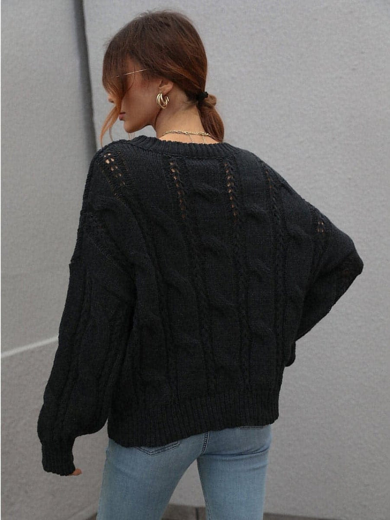 Cable-Knit Openwork Round Neck Sweater - Everydayswear