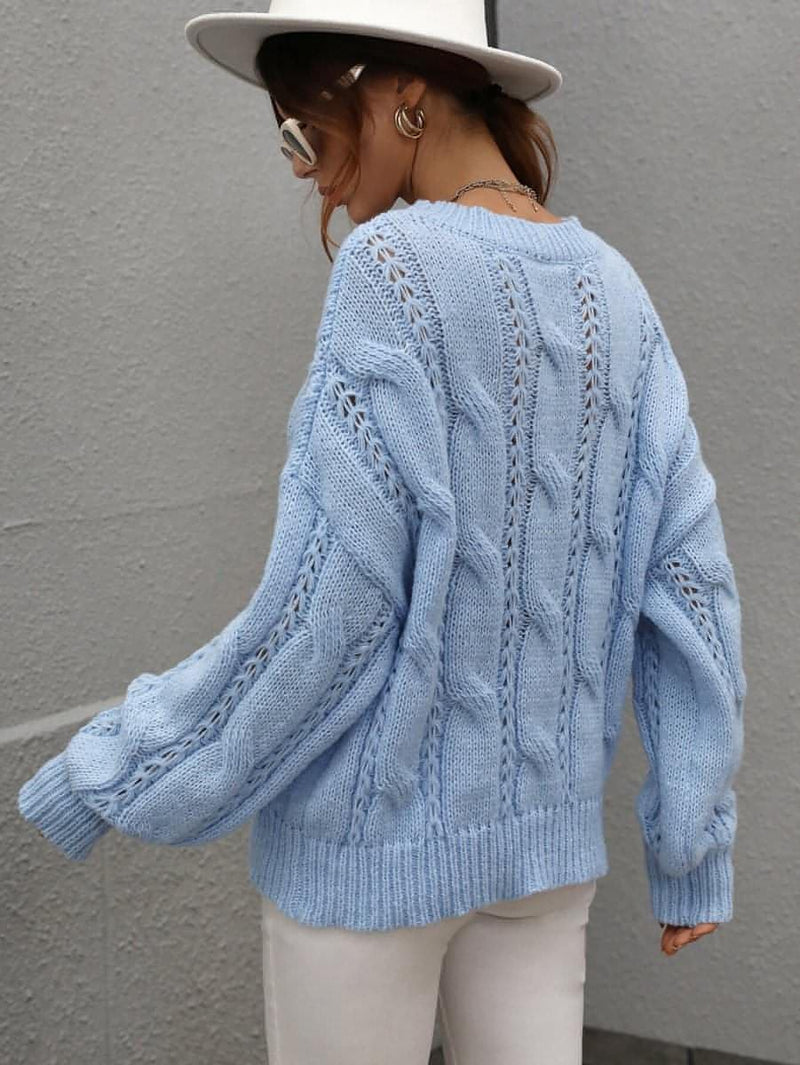 Cable-Knit Openwork Round Neck Sweater - Everydayswear