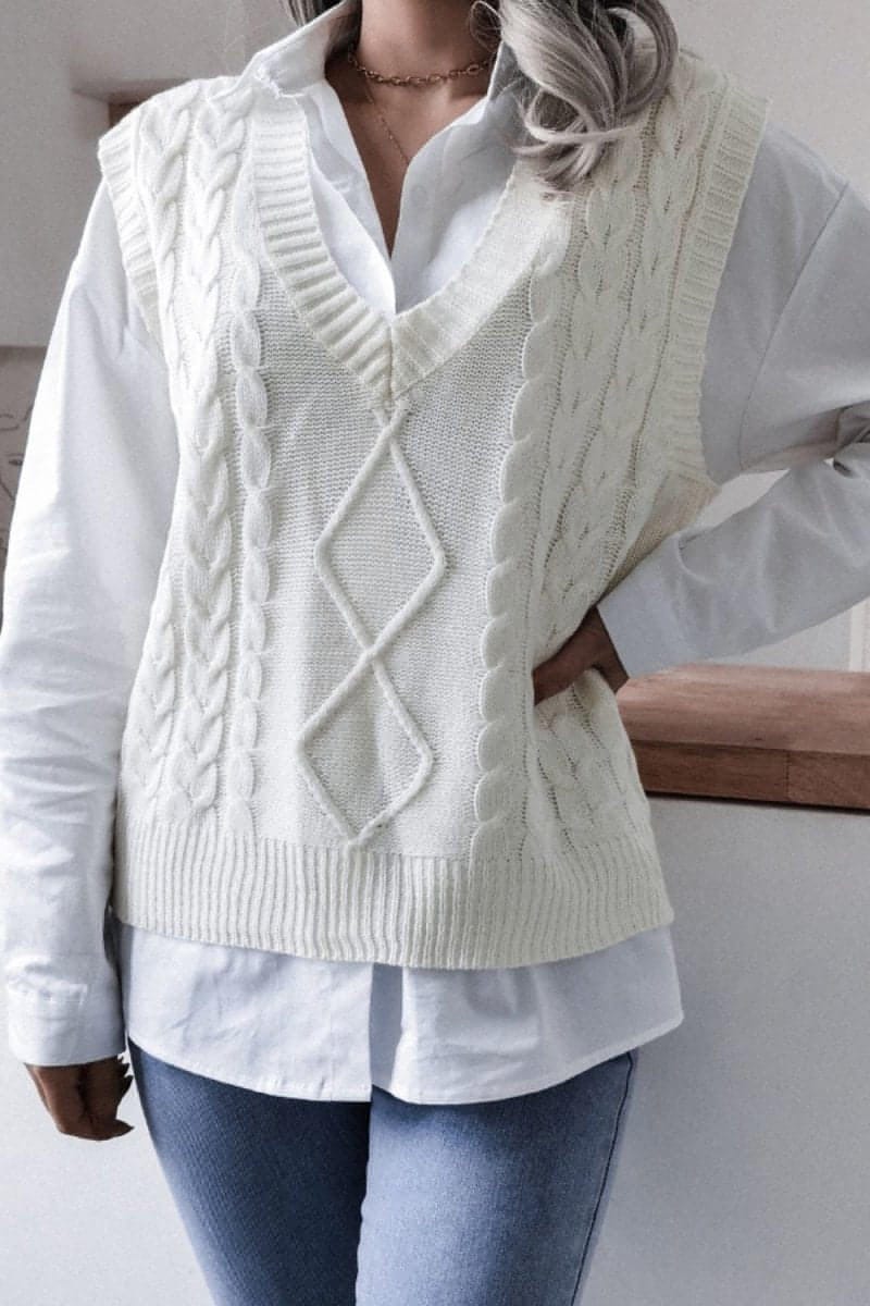 Cable-Knit Ribbed V-Neck Sweater Vest - Everydayswear