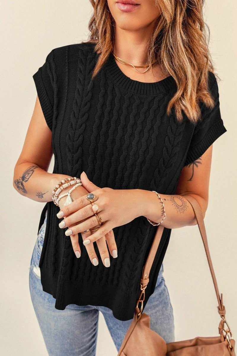 Cable-Knit Side Slit Sweater Vest - Everydayswear