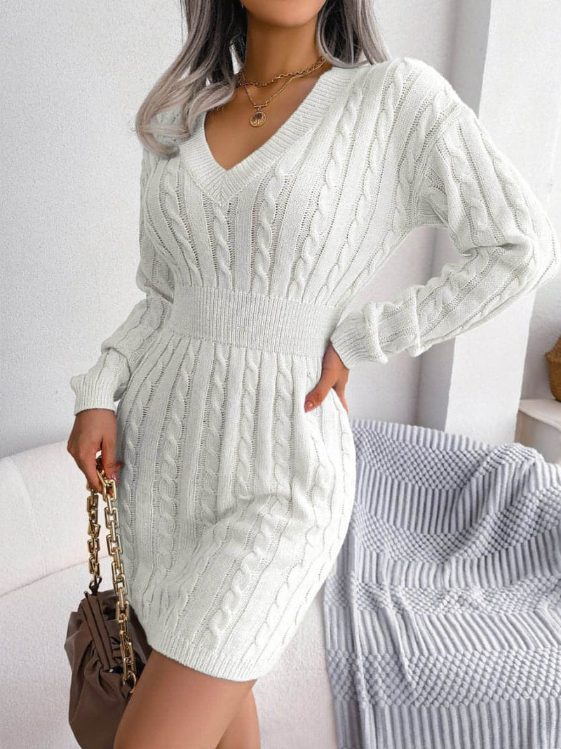 Cable-Knit V-Neck Mini Sweater Dress - Everydayswear