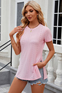 Eyelet Slit Round Neck Short Sleeve T-Shirt