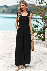 Frill Trim Tie Shoulder Wide Leg Jumpsuit with Pockets