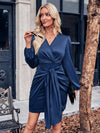 Casual V-neck solid color tie waist long sleeve sexy dress