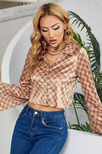 Checkered Johnny Collar Flare Sleeve Cropped Shirt - Everydayswear