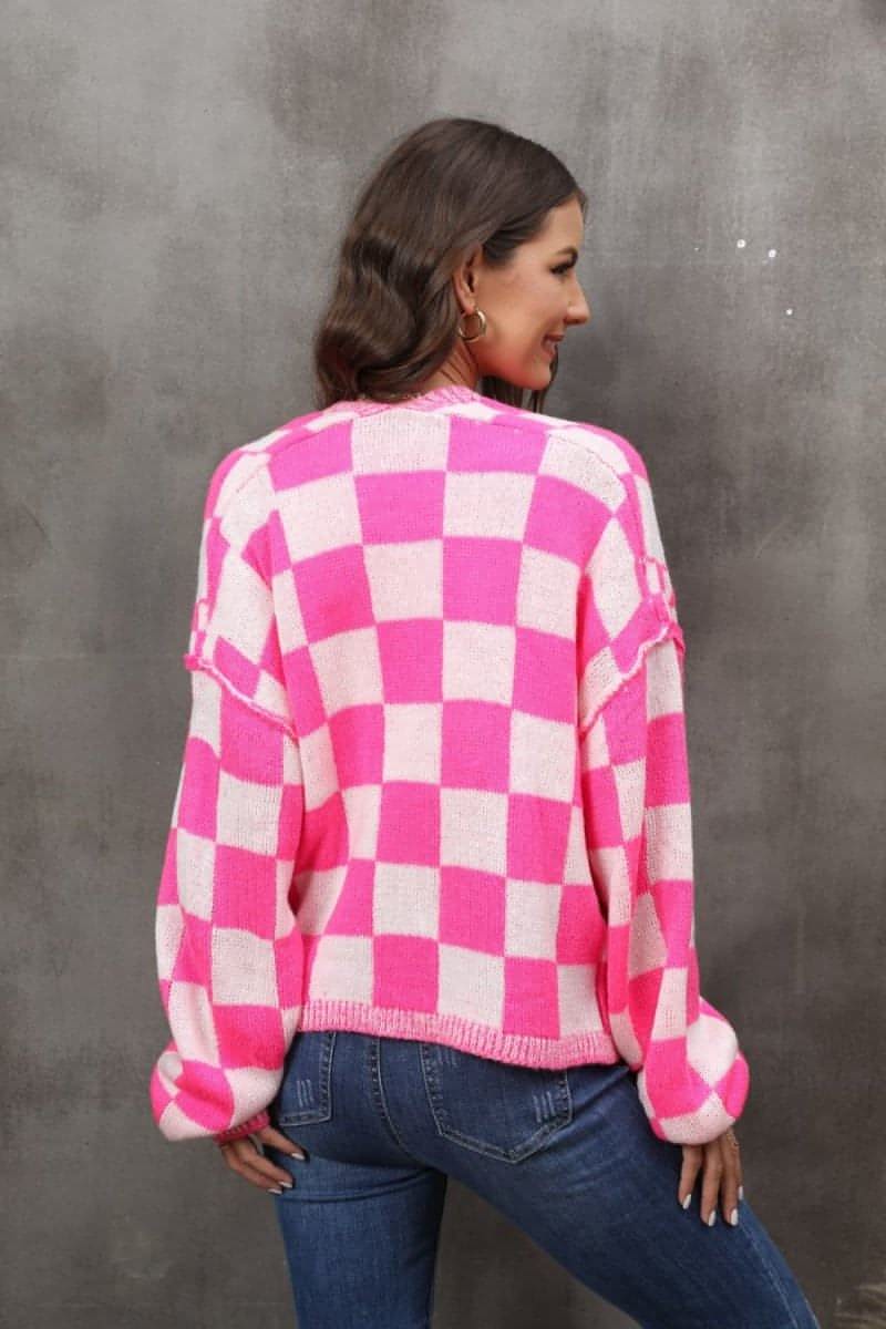 Checkered Open Front Drop Shoulder Cardigan - Everydayswear