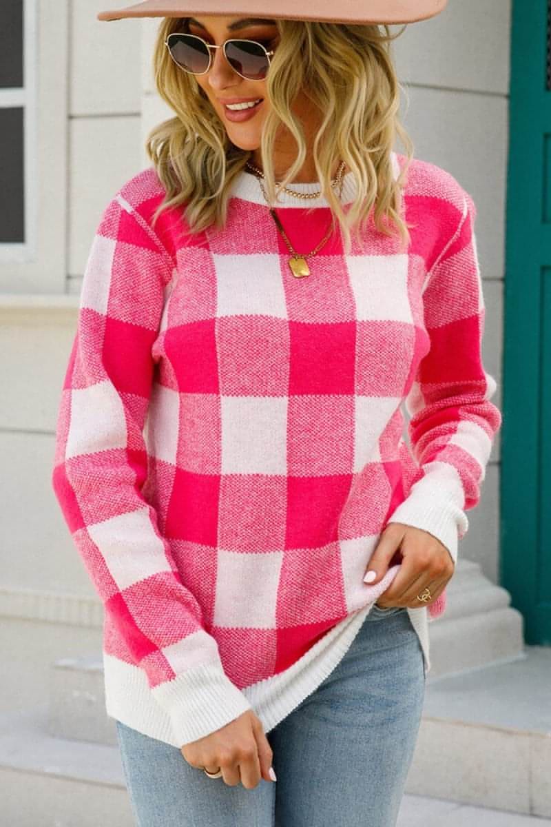 Checkered Ribbed Trim Knit Pullover - Everydayswear